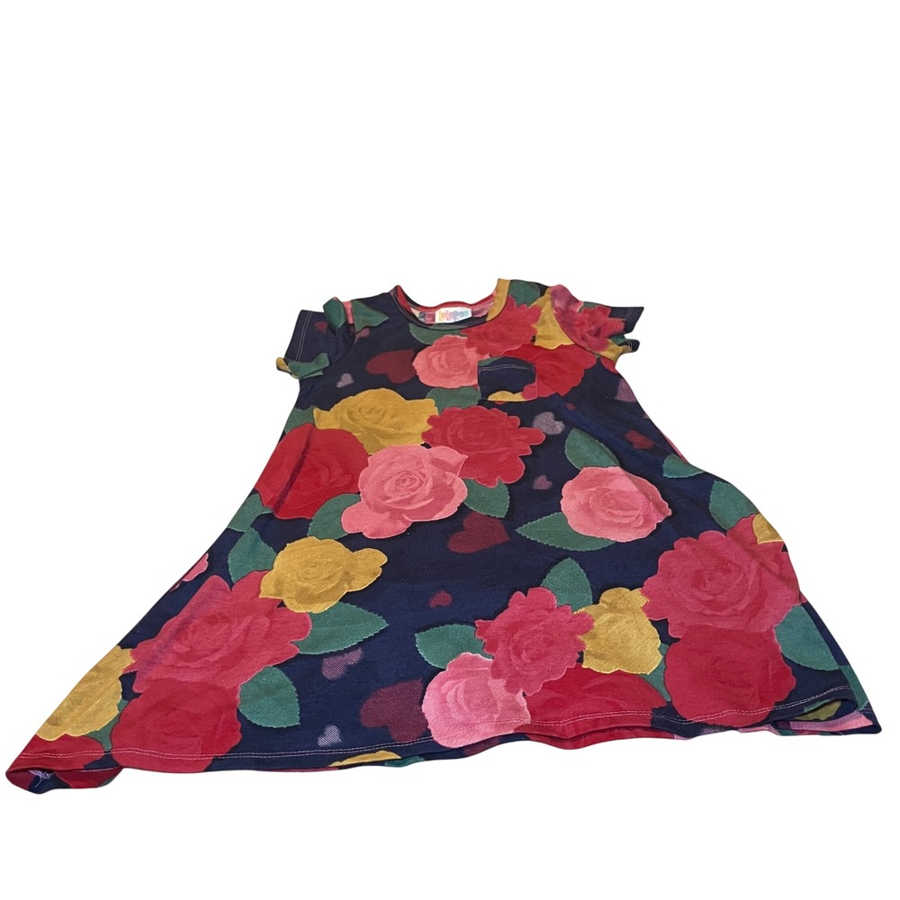LuLaRoe Girls Size 4 Floral Heart Print Short Sleeve Dress Navy Red Pink